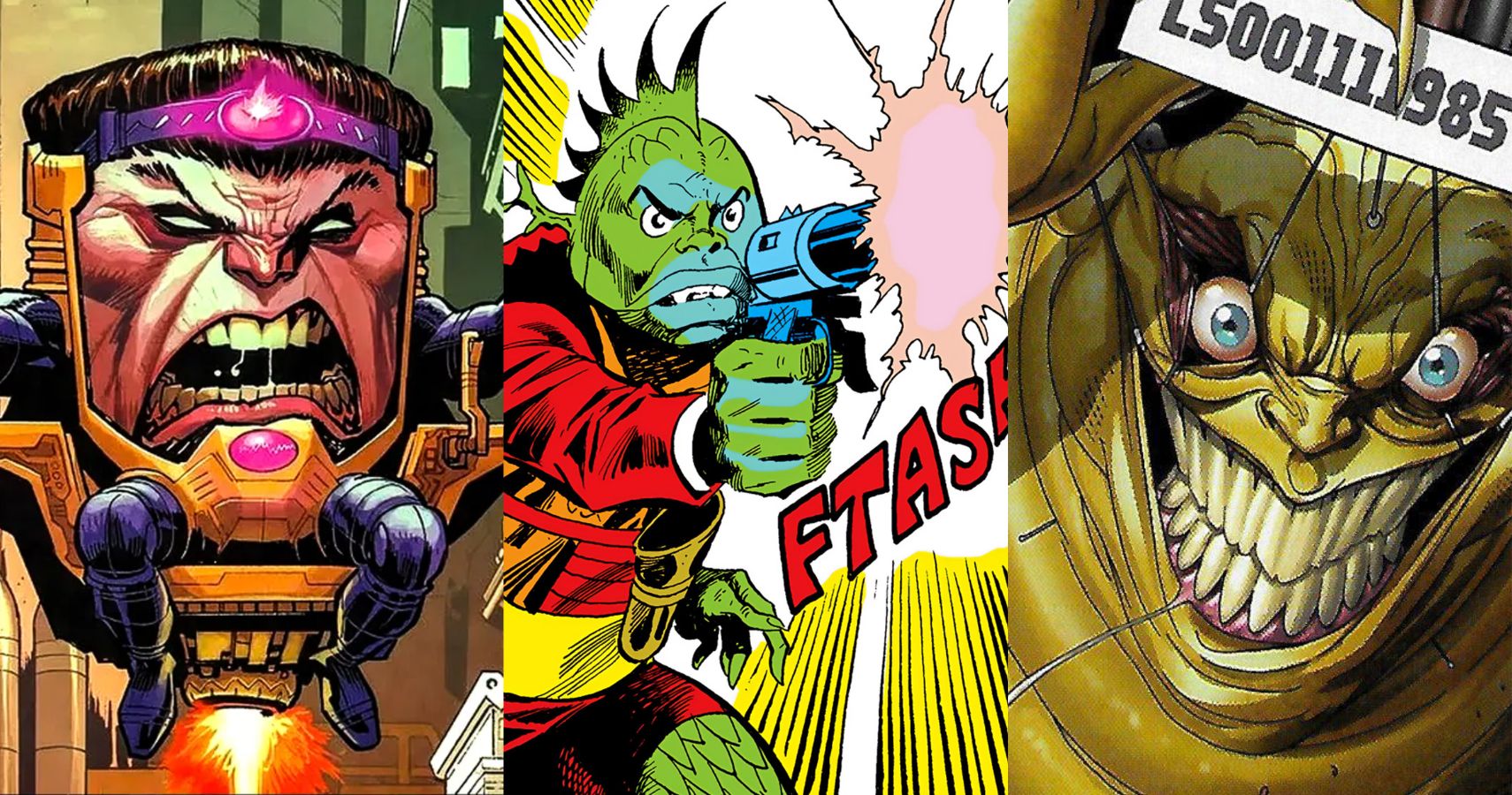 A split image of MODOK, Mister Fish, and Mojo in Marvel Comics