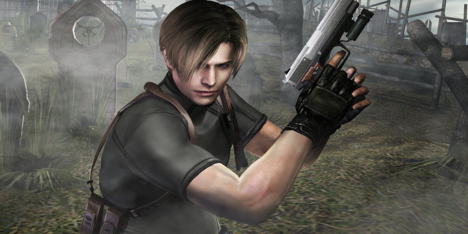 Leon Kennedy em uma vila-cemitério segurando uma arma em Resident Evil 4. 