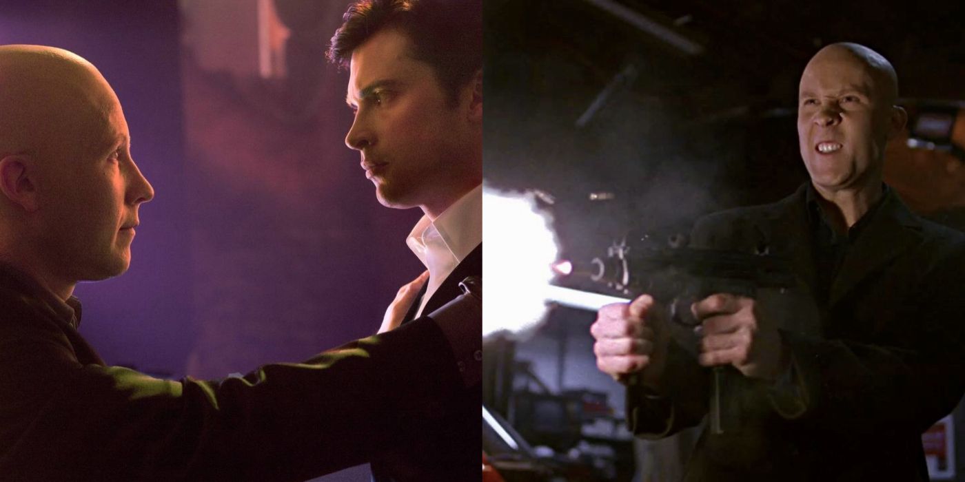 Split image showing Lex Luthor talking to Clark and shooting a gun in Smallville