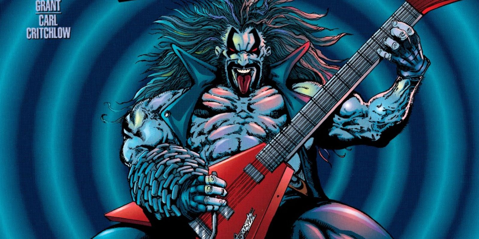 An image of Lobo playing the guitar on the cover of a DC comic