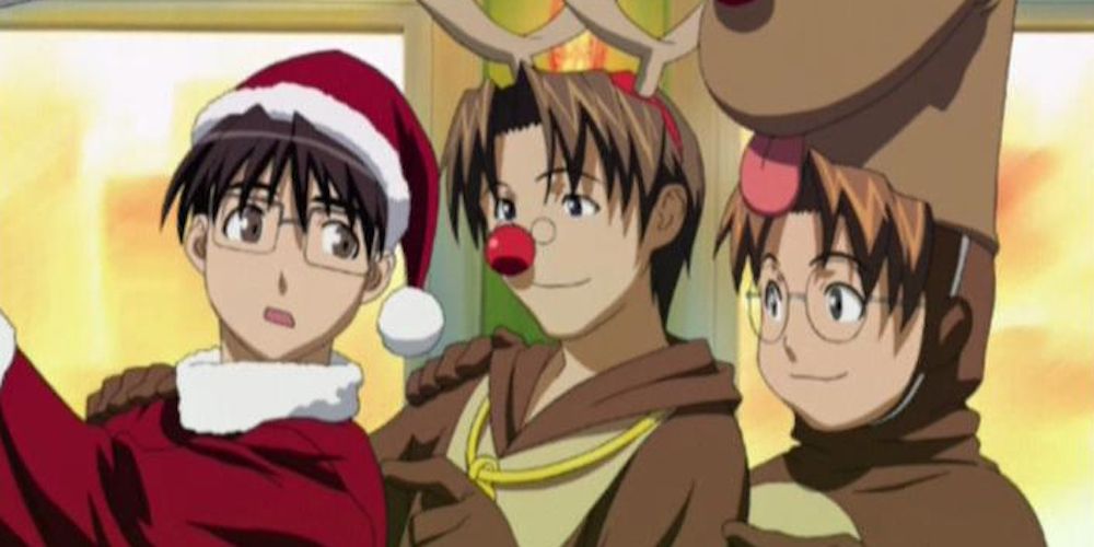 Keitaro and friends in Christmas costumes in Love Hina Christmas Movie.