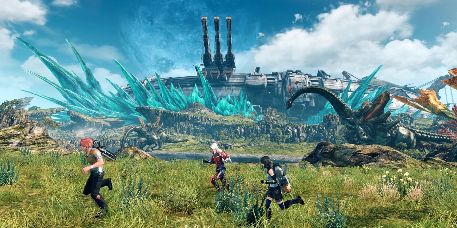 The main group runs through a field in Xenoblade Chronicles X.