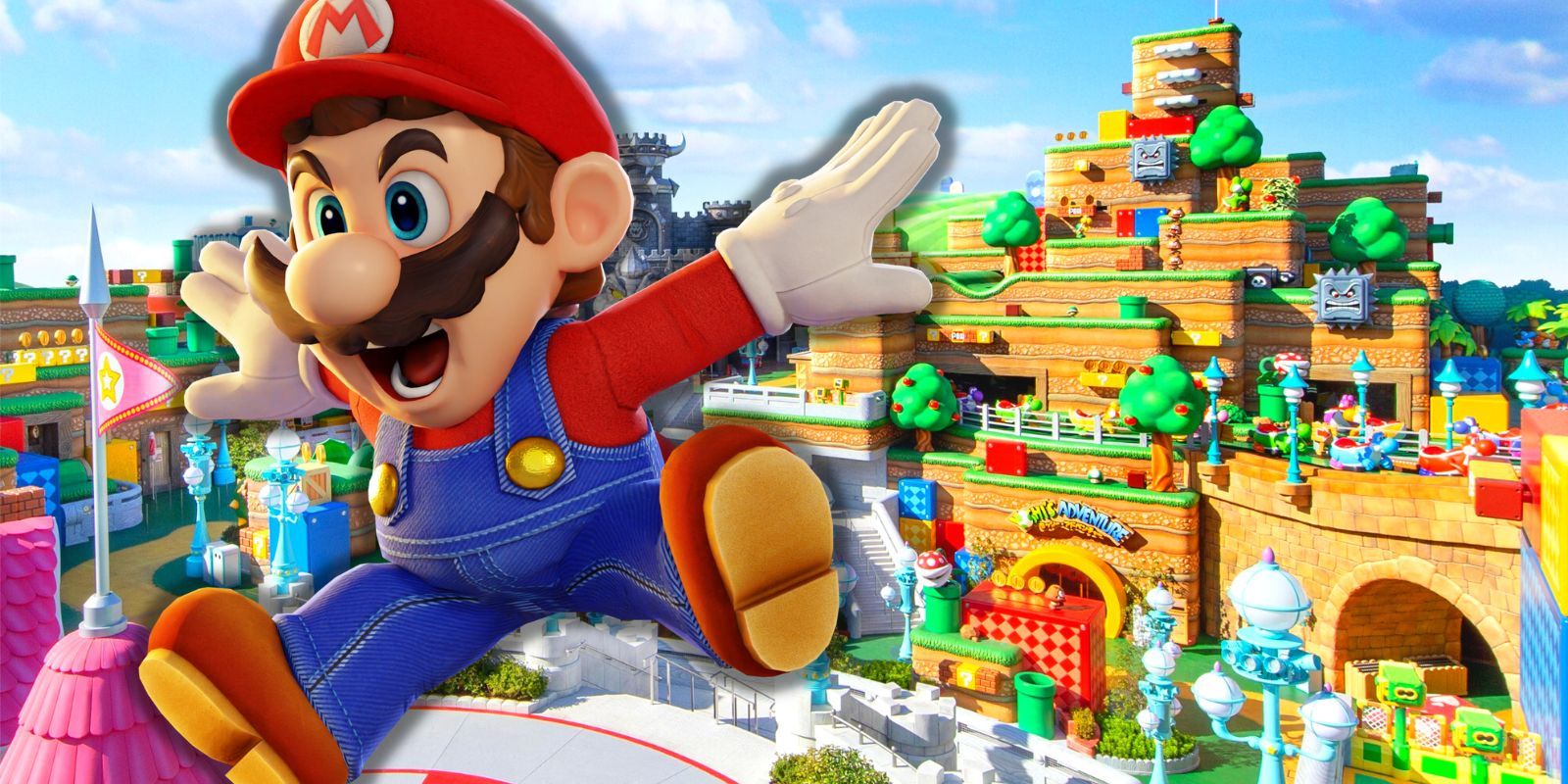Mario leaping in excitement at Super Nintendo World