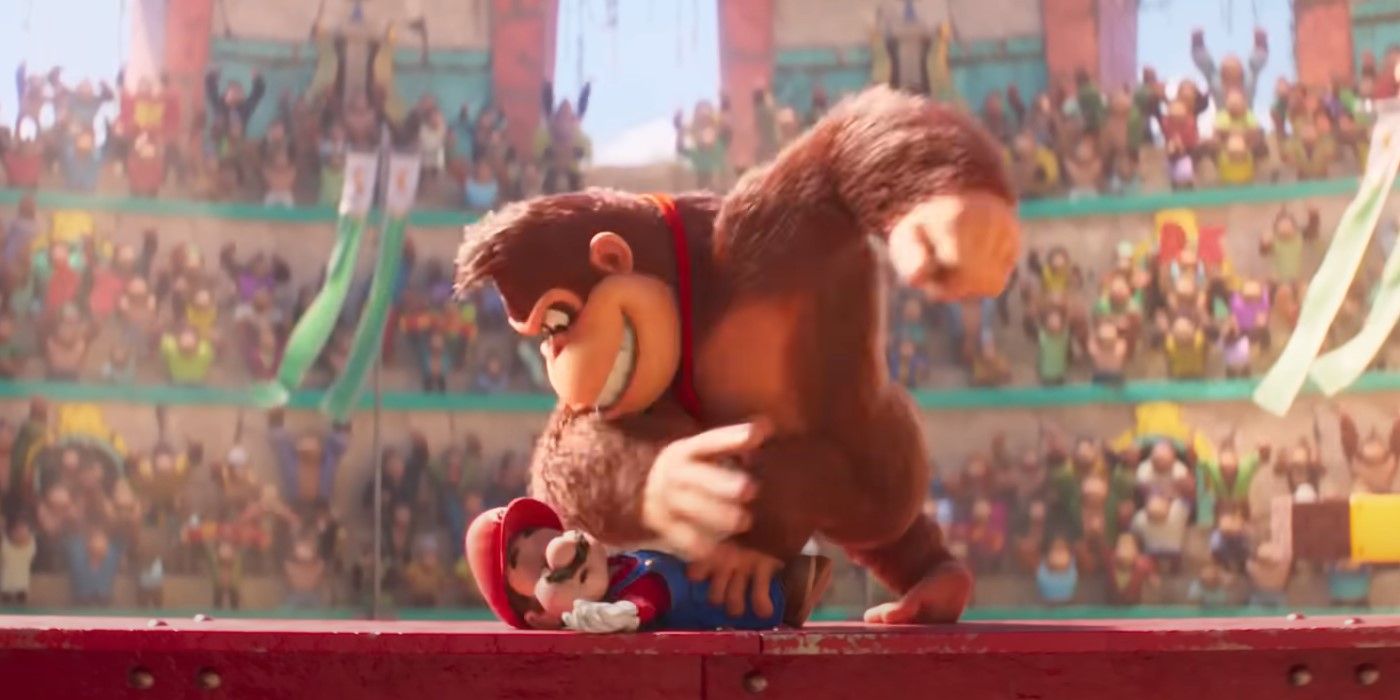 Donkey Kong beating up Mario in The Super Mario Bros. Movie.