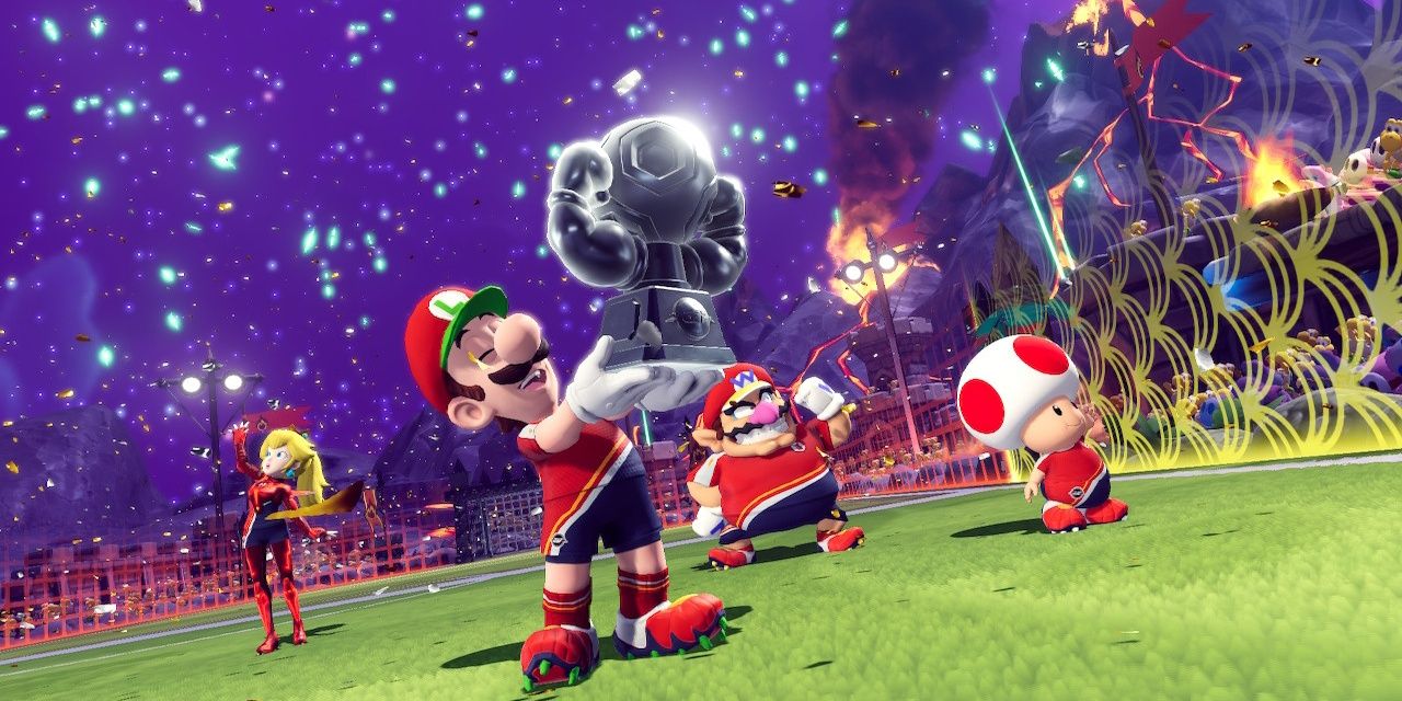 Mario Strikers: Battle League red team victory screenshot.
