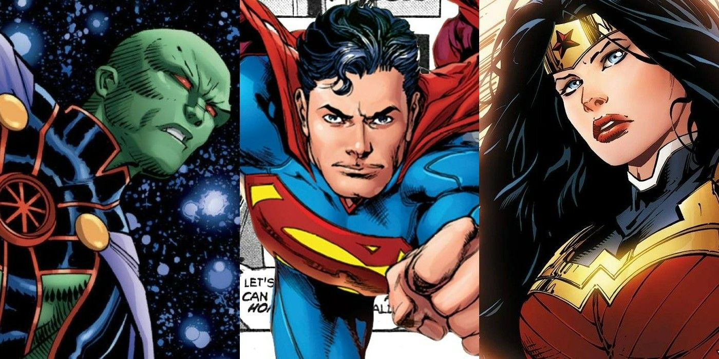 A split image of Martian Manhunter, Superman, and Wonder Woman from DC Comics.