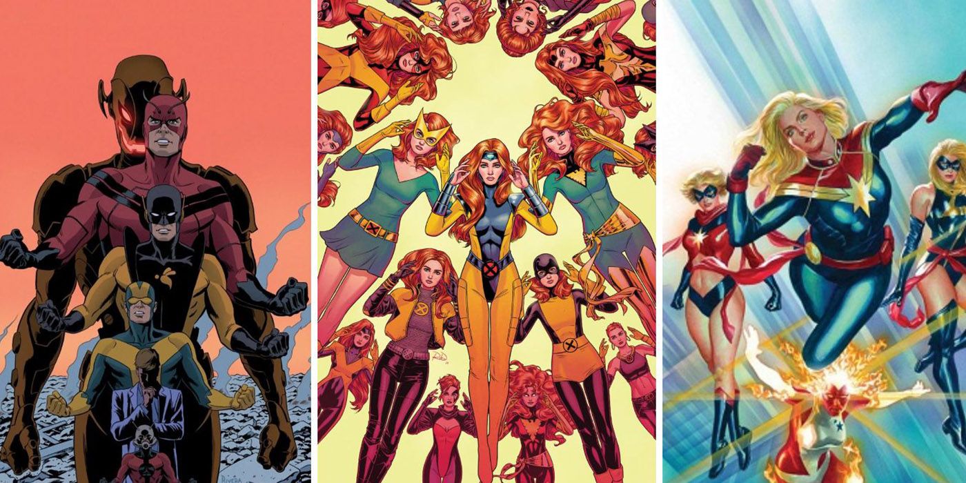 split image of Hank Pym, Jean Grey and Carol Danvers in superhero aliases