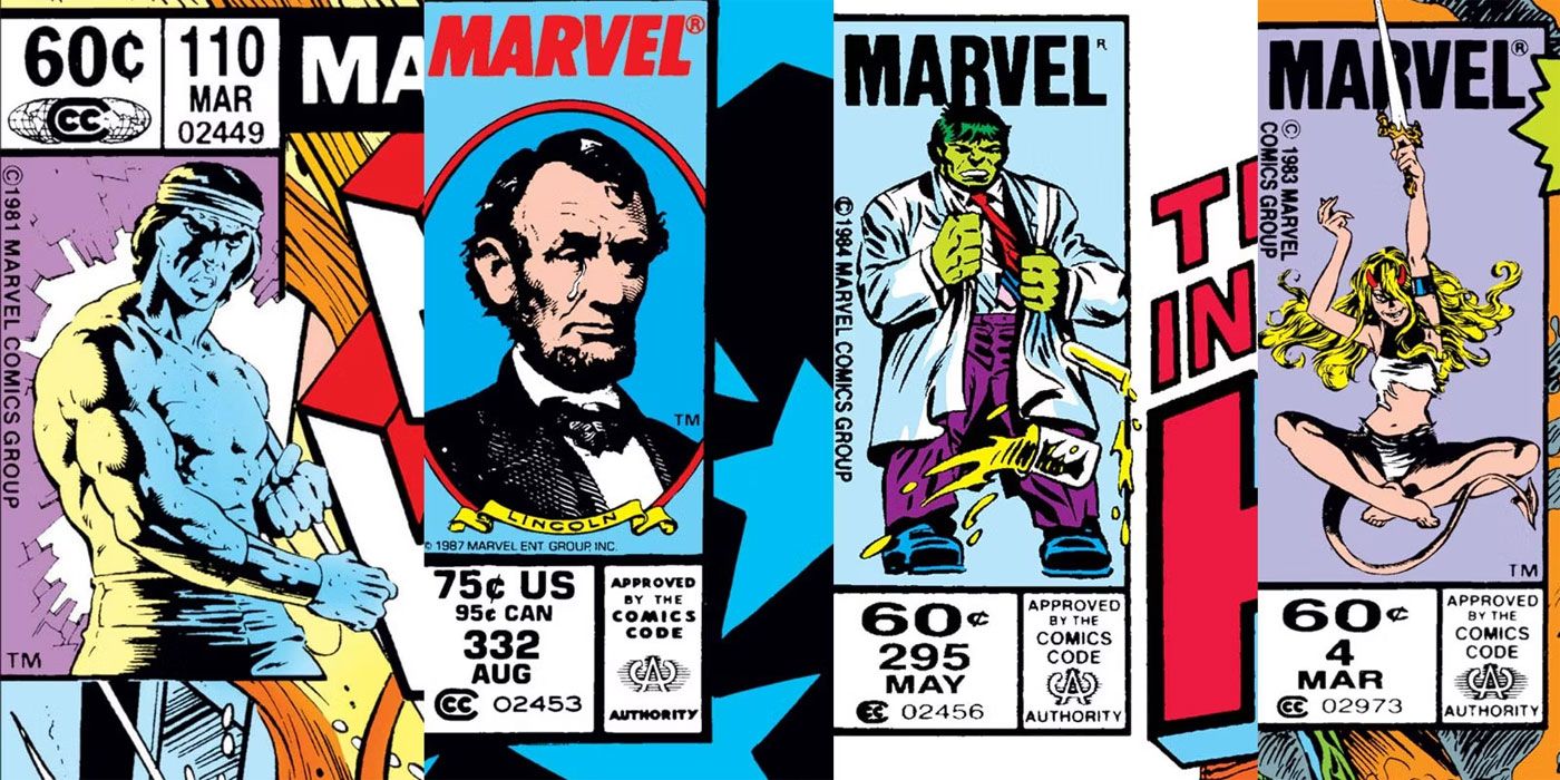 Four great uses of Marvel Comics in the upper left corner box on covers from the 1980s. 