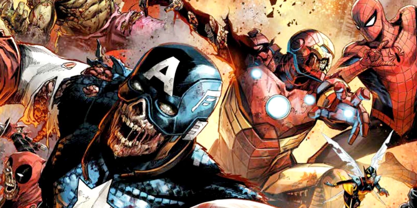 Undead Captain America, Deadpool, Wasp and Iron Man and a living Spider-Man from Marvel's Zombies board game artwork.