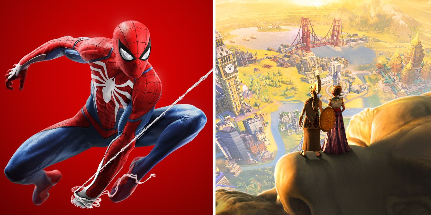 A spilt image of Spider-Man swinging on his web on the cover art for Marvels Spider-Man and two citizens stand on a statue overlooking a city on the cover art for Civilization VI Anthology