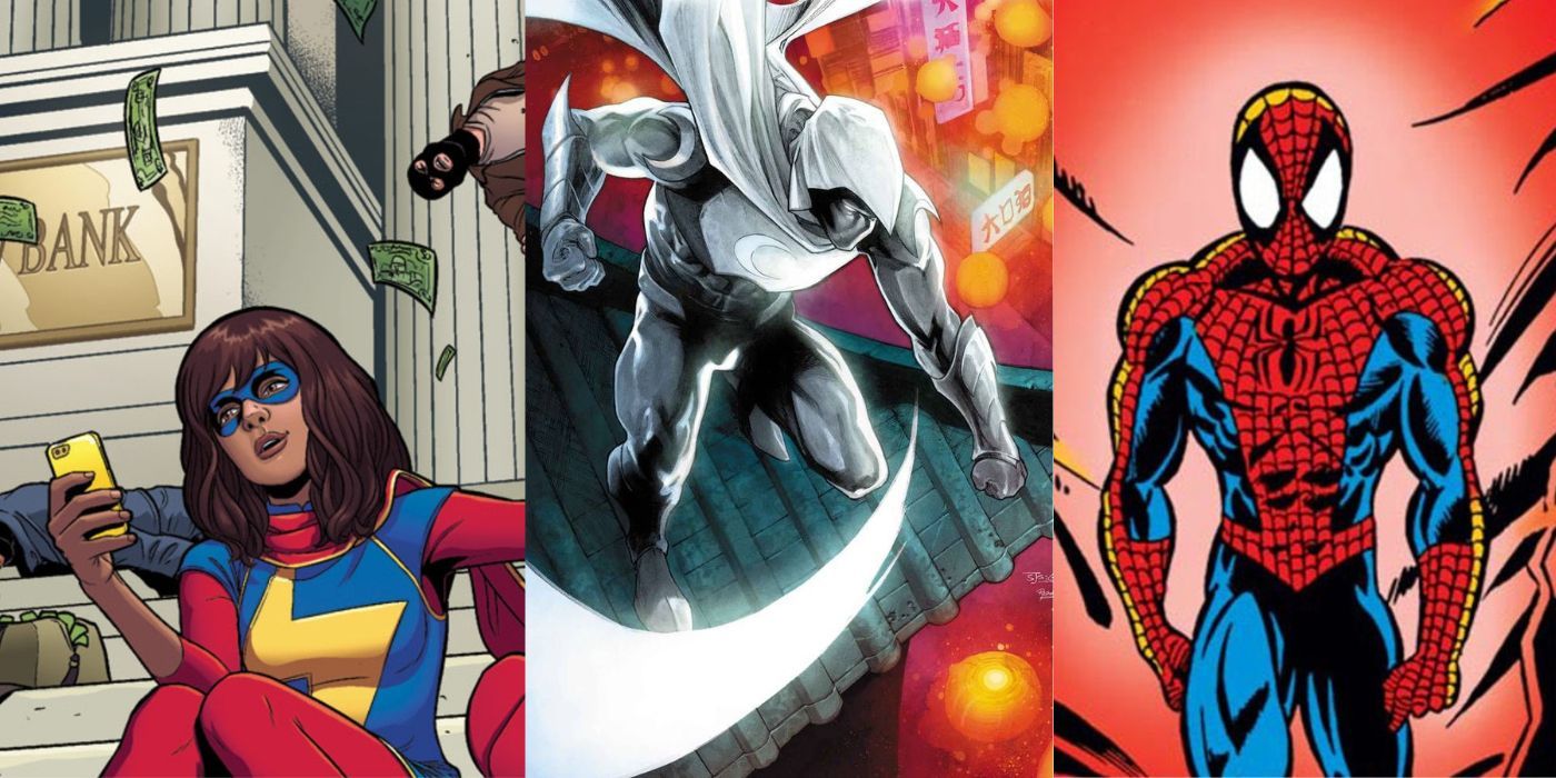 split image of Ms. Marvel, Moon Knight and Spider-Man distracted in Marvel Comics