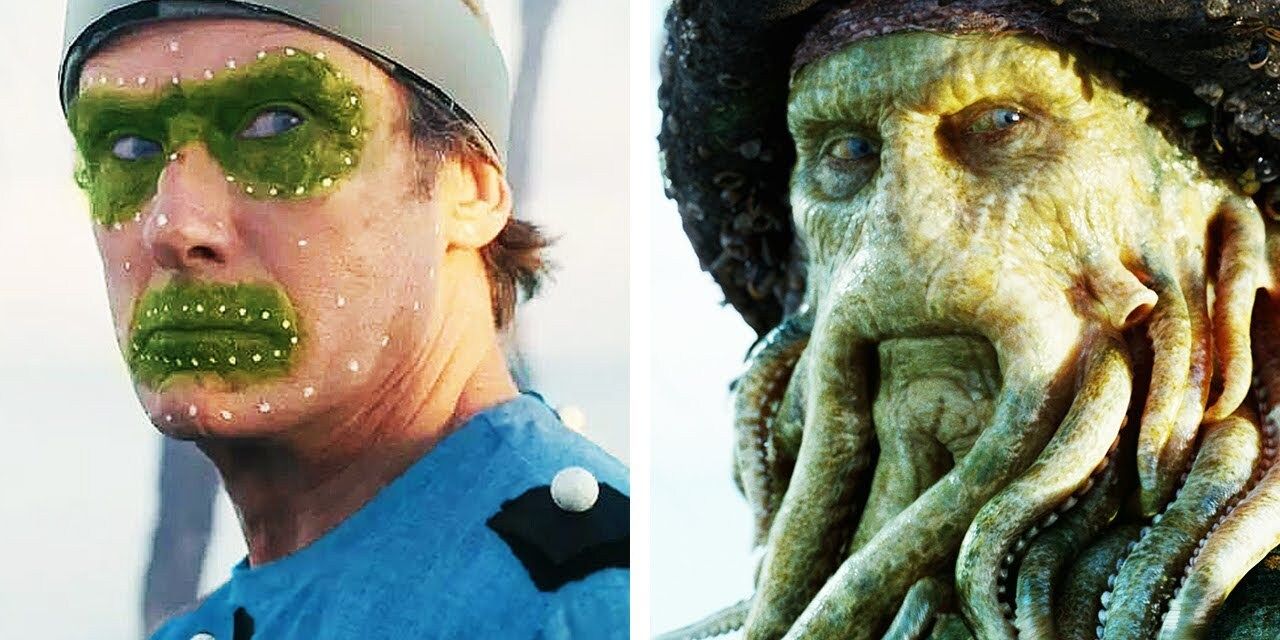 Bill Nighy in the mocap suit as Davy Jones in Pirates of the Caribbean