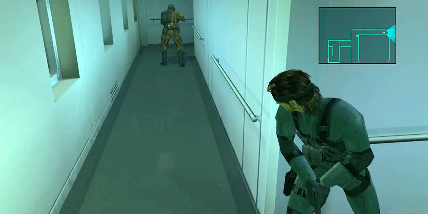 Solid Snake looking around the corner while an enemy is looking away from him in Metal Gear Solid 2: Sons of Liberty