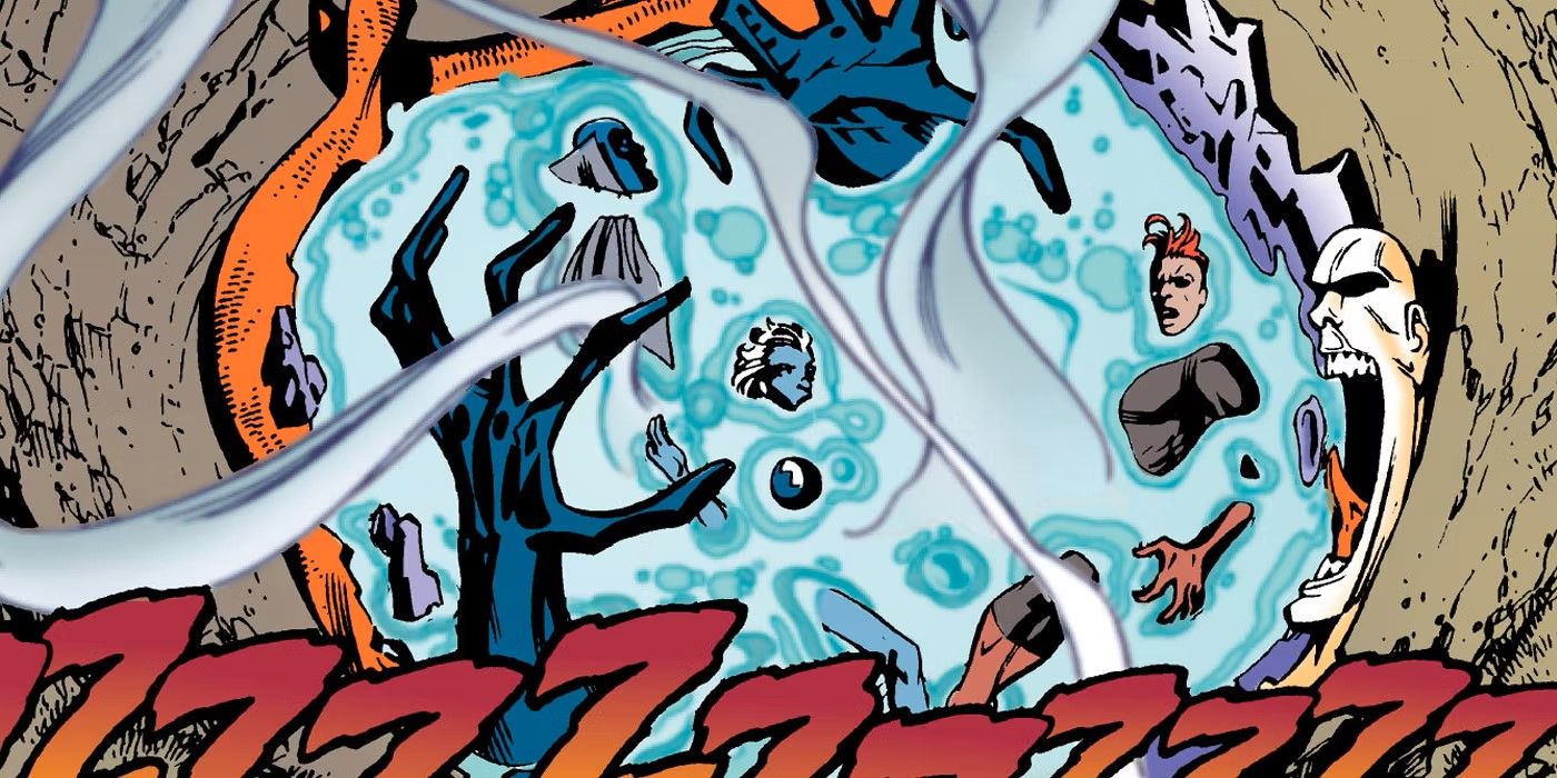 Metamorpho saves his teammates from their fall to Earth