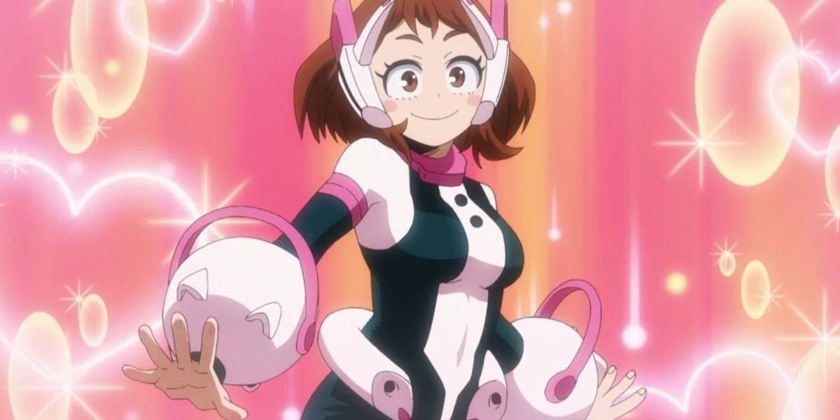 Ochaco Uraraka wearing her hero outfit and smiling on a field of bubbles and sparkles in MHA