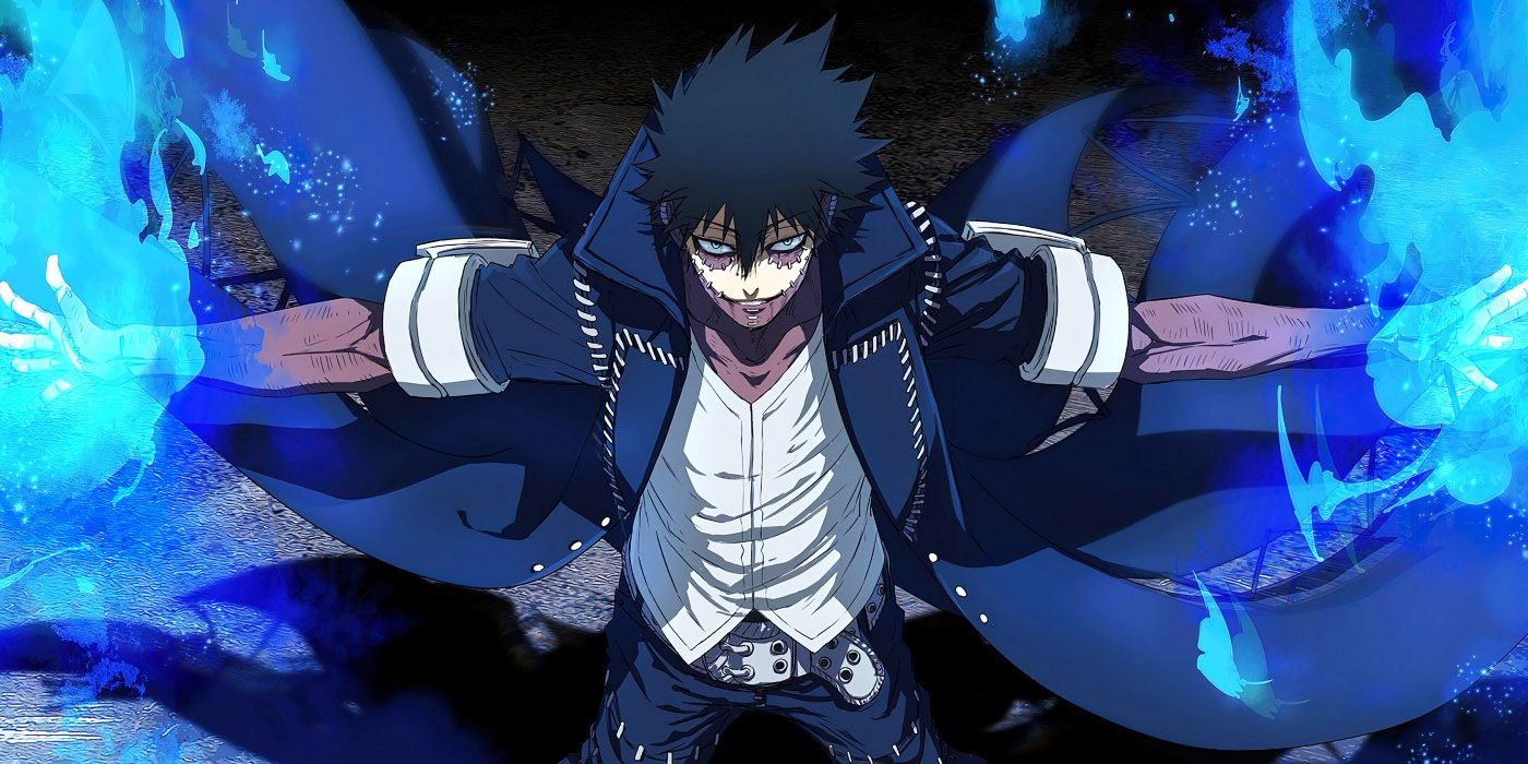 My Hero Academia's Dabi spreads out his arms as blue flames cover his hands. 