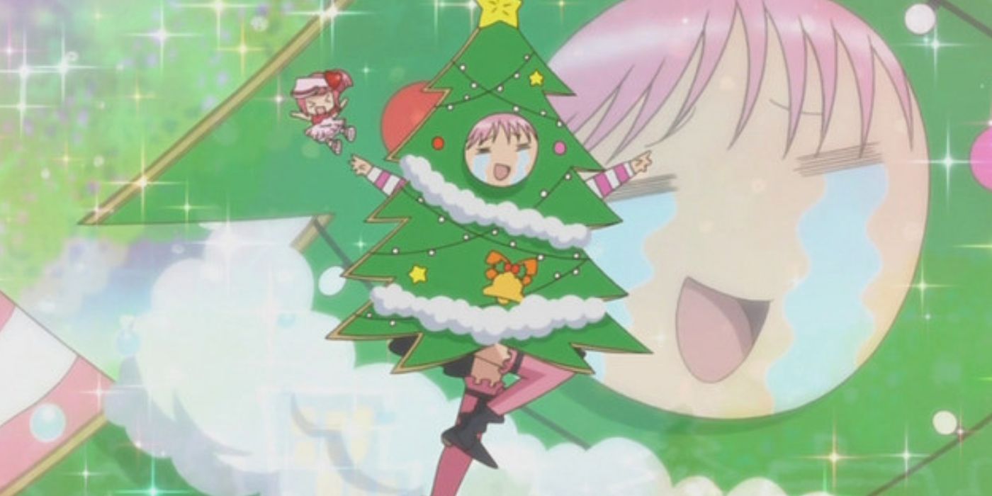 Amu in a Christmas tree costume and Ran from Shugo Chara!