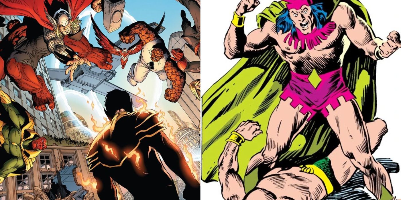 Split image showing Namor fighting the Avengers in Wakanda and Namor fighting Paul Destiny