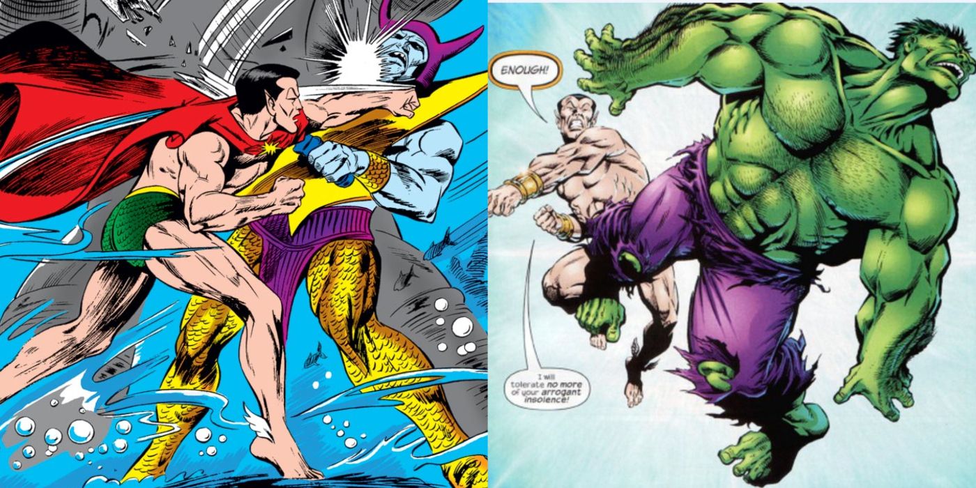 Split image showing Namor fighting Attuma and Namor fighting Hulk in Marvel Comics