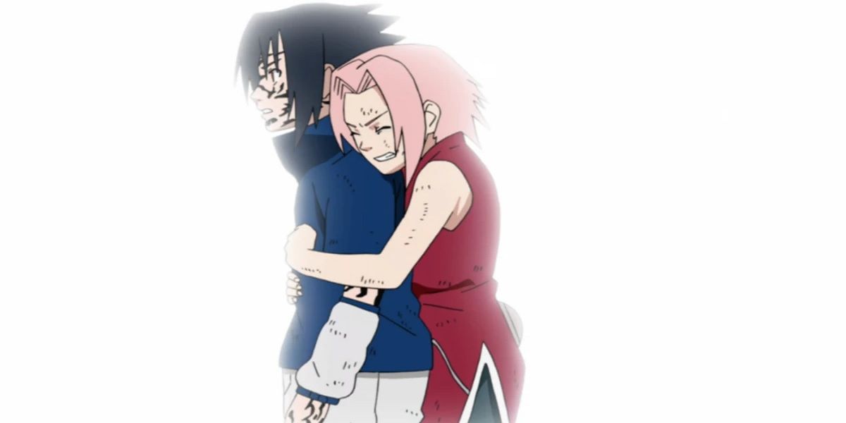 Sakura hugs Sasuke to control the curse mark