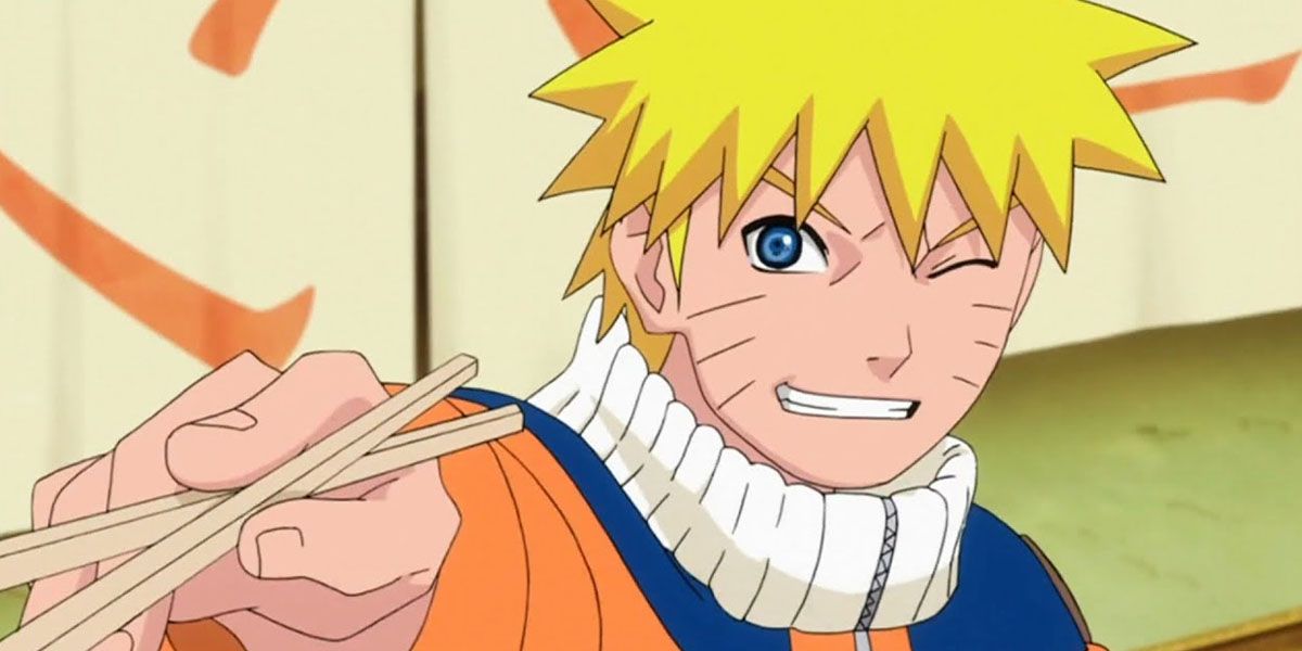 Naruto Uzumaki holding chopsticks and winking in Naruto.