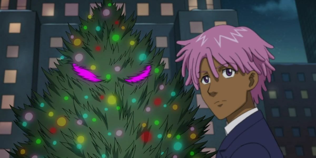 A Kaiju Christmas Tree attacks in Neo Yokio: Pink Christmas.