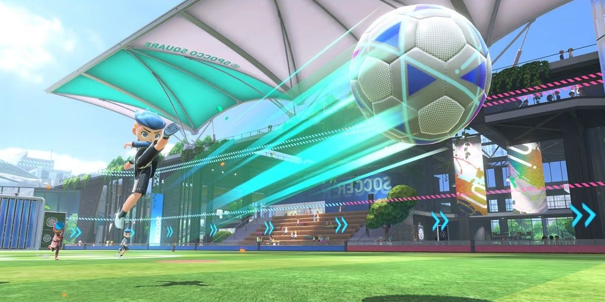 A player taking a shot in Nintendo Switch Sports Play Soccer Football.