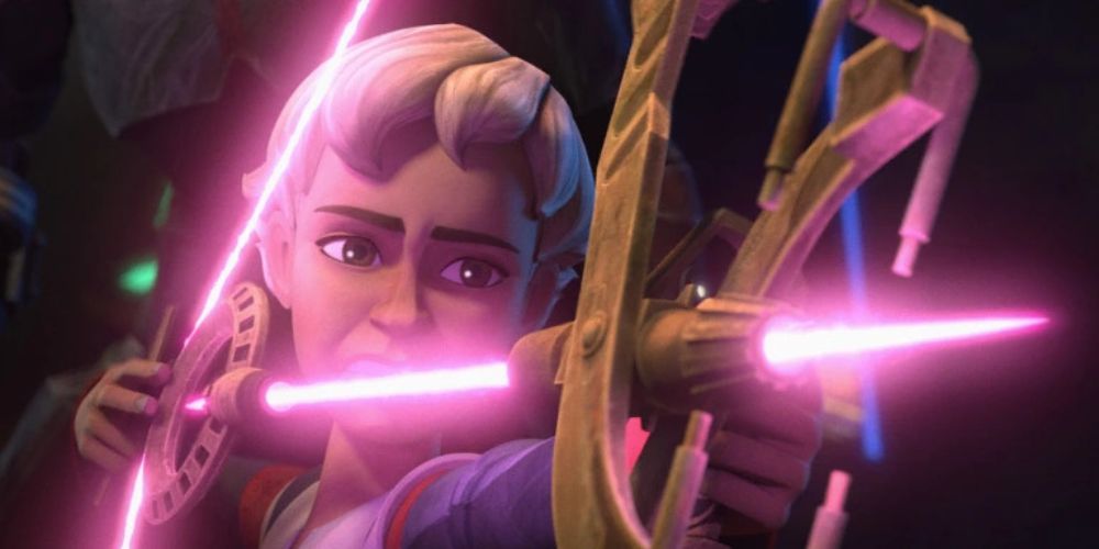 Omega firing her energy bow in Star Wars: The Bad Batch