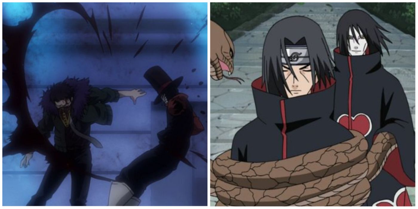 Overhaul versus Compress from My Hero Academia and Orochimaru vs Itachi from Naruto split image
