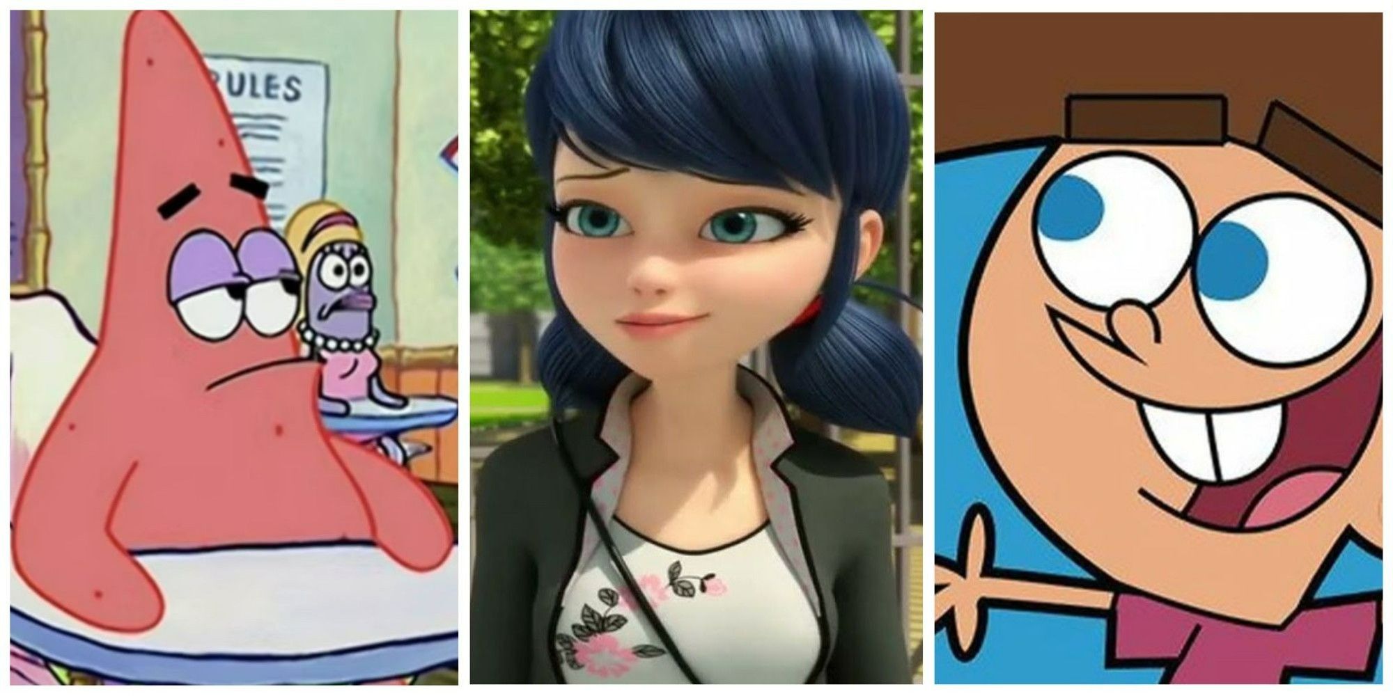 Split image of Patrick Star, Marinette Dupain-Cheng, and Timmy Turner