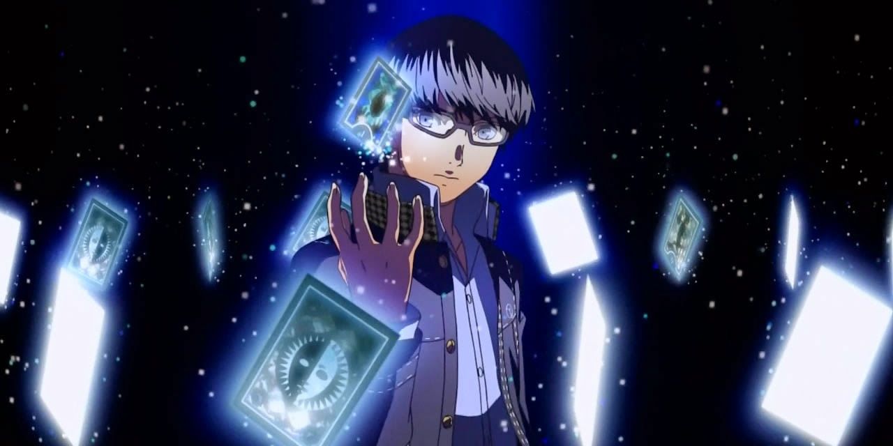 Yu Narukami em Persona 4: The Animation cercado por cartas de tarô