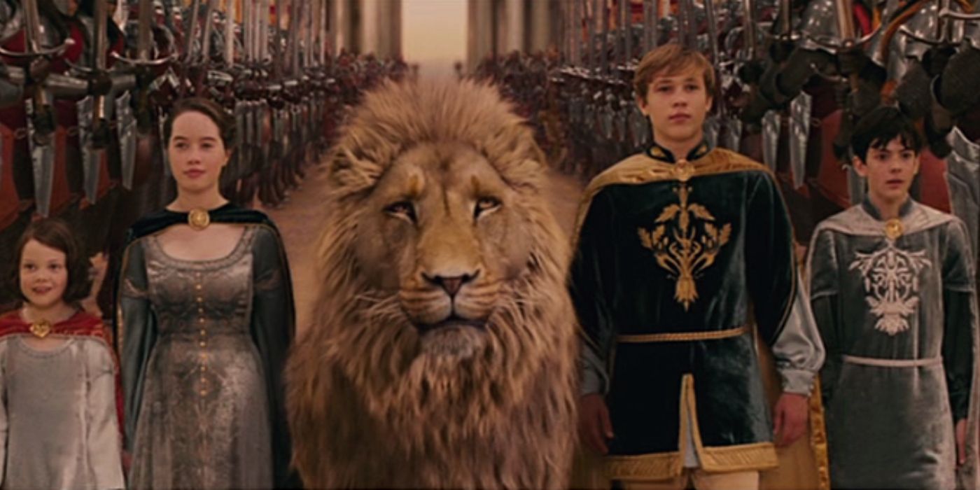 Pevensie Siblings with Aslan in the Chronicles of Narnia