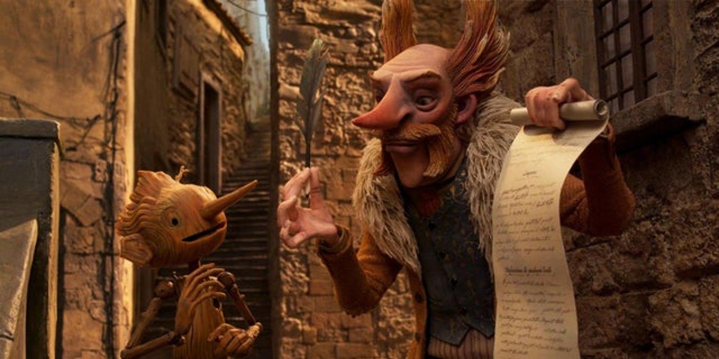 Count Volpe holds up a very long contract for Pinocchio to sign in Guillermo del Toro's Pinocchio