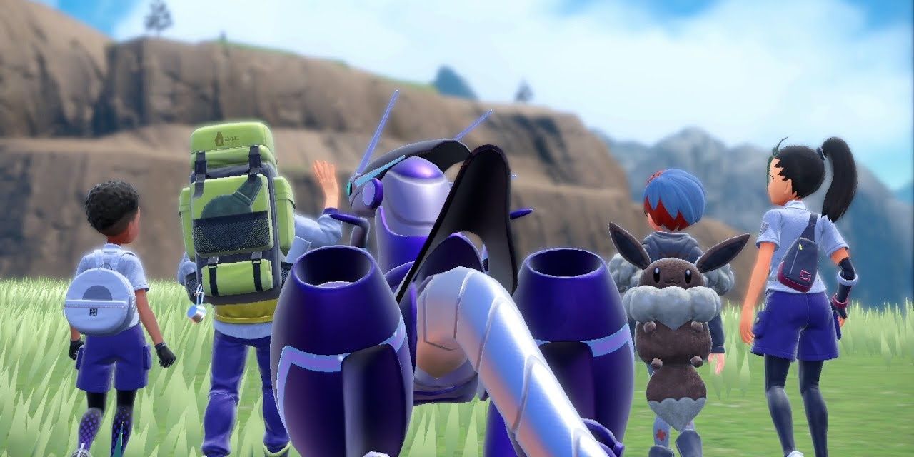 Cena final de Pokémon Violet com o jogador Arven, Miraidon, Penny e Nemona em outra aventura