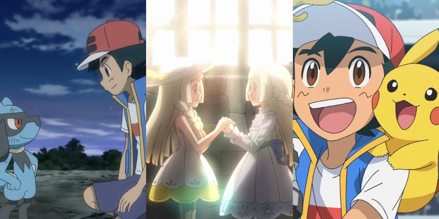 Split image of screenshots from episode 21, 111, and 132 of Pokemon Journeys, including Ash and Riolu, Lillie, and Ash winning the World Coronation Series
