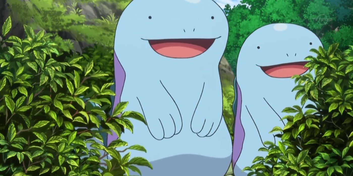 Um par de Quagsire parecendo feliz em arbustos no anime.