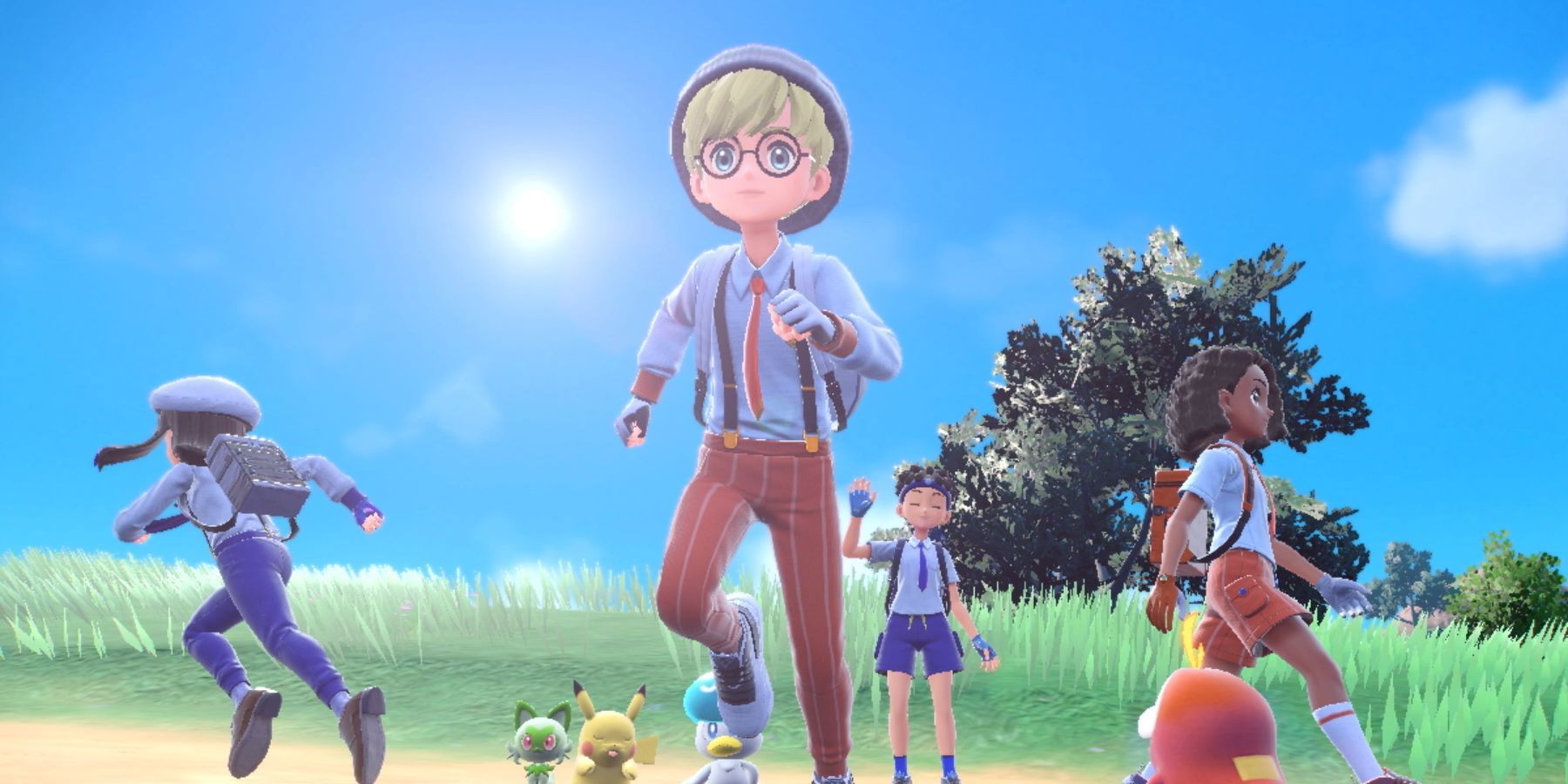 Players in Pokemon Scarlet and Violet in a field, running in different directions.