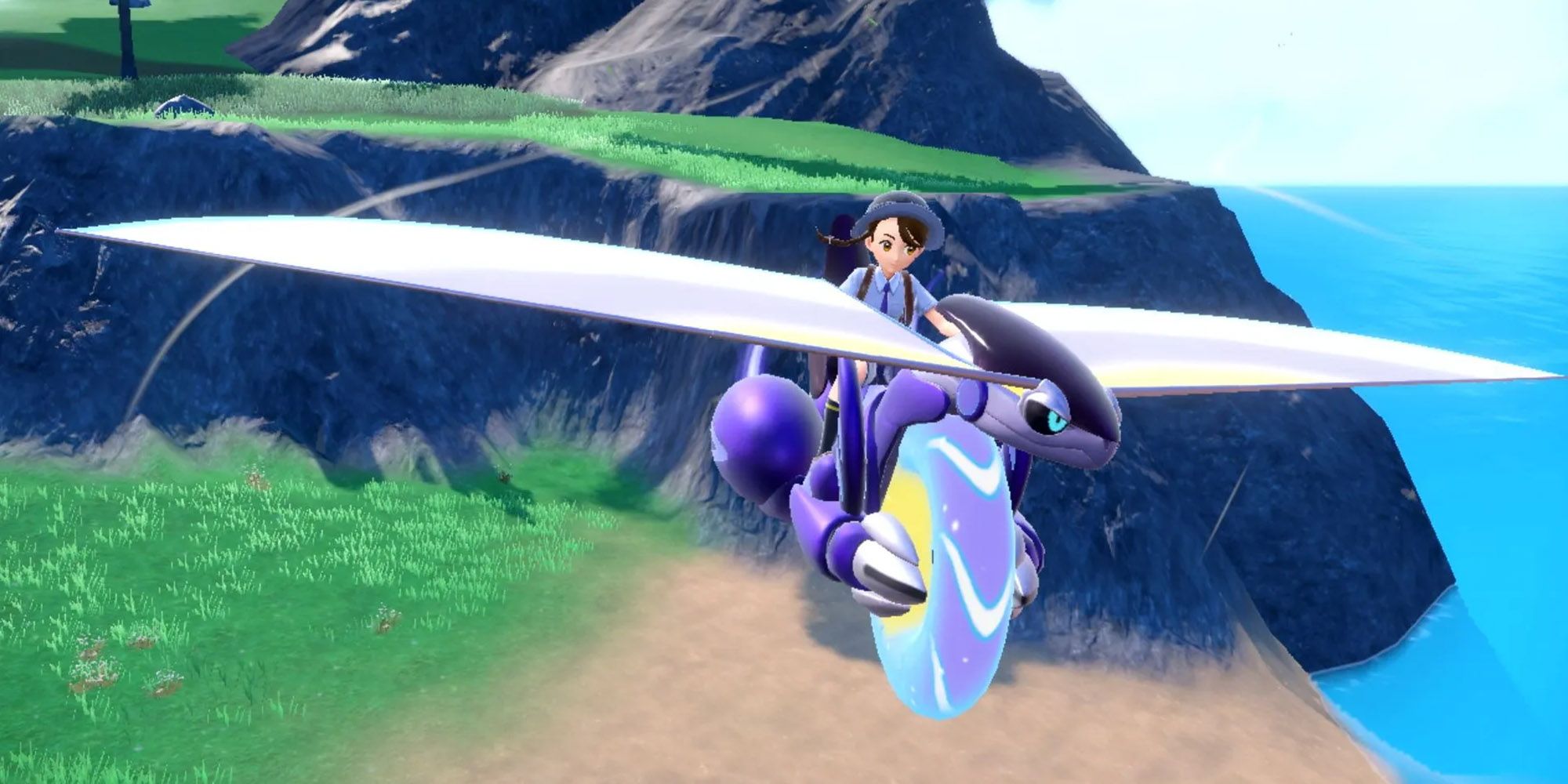The player character flying on Miraidon in Pokémon Violet.