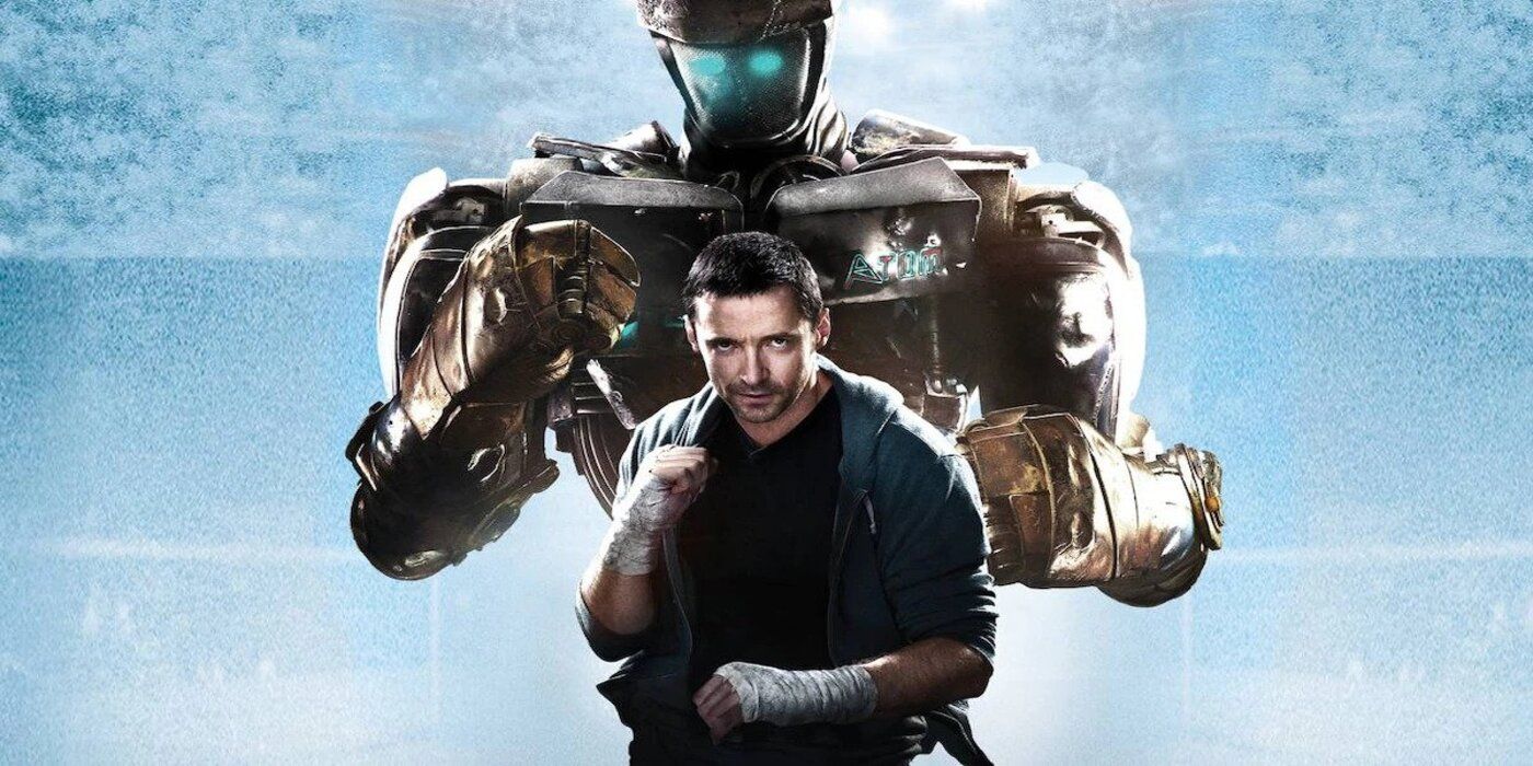 Hugh Jackman in boxing stance with a robot from Real Steel