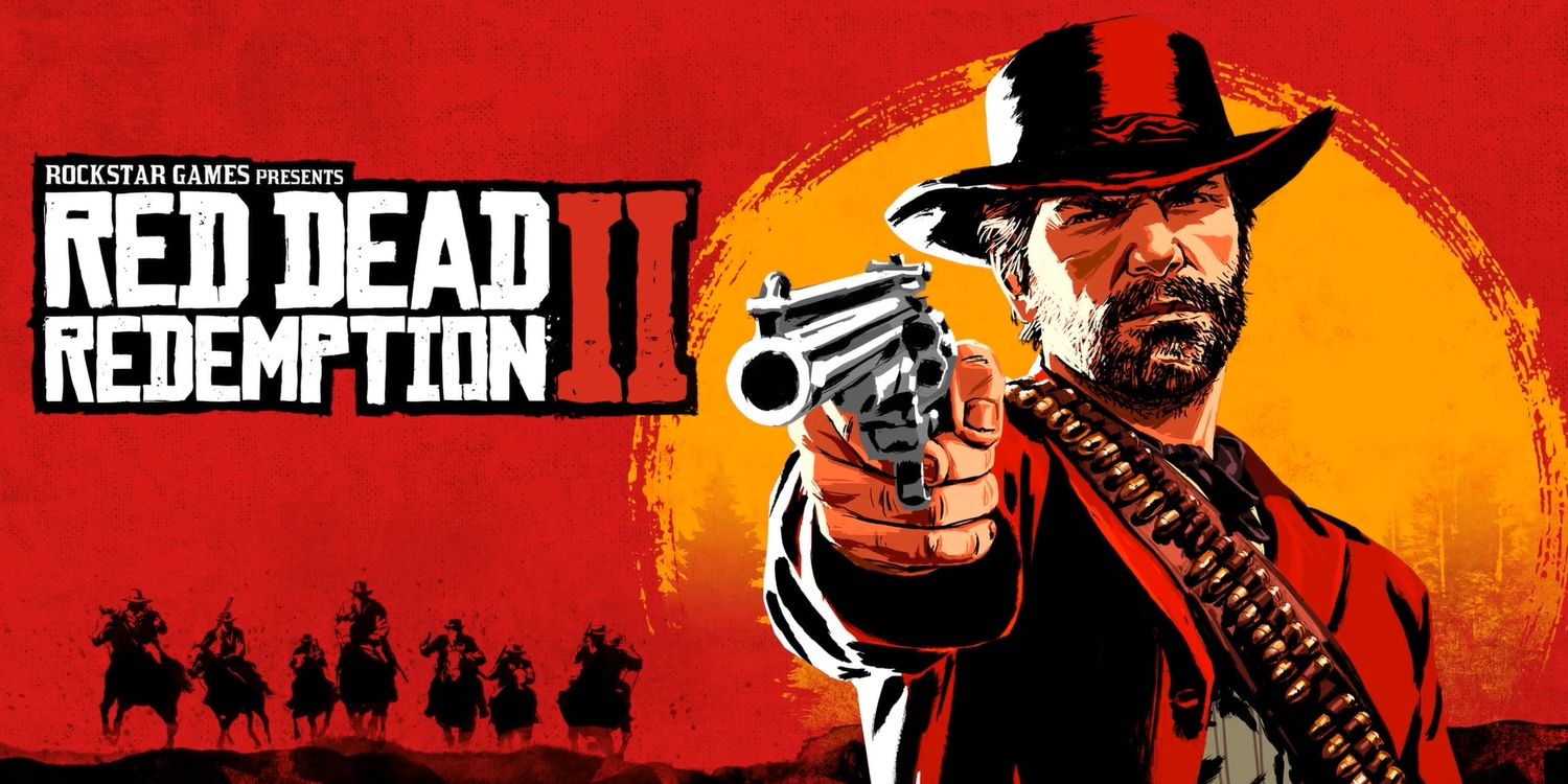 The Van der Lind gang sides under the Red Dead Redemption II logo with Arthur pointing his gun in front of a sunset