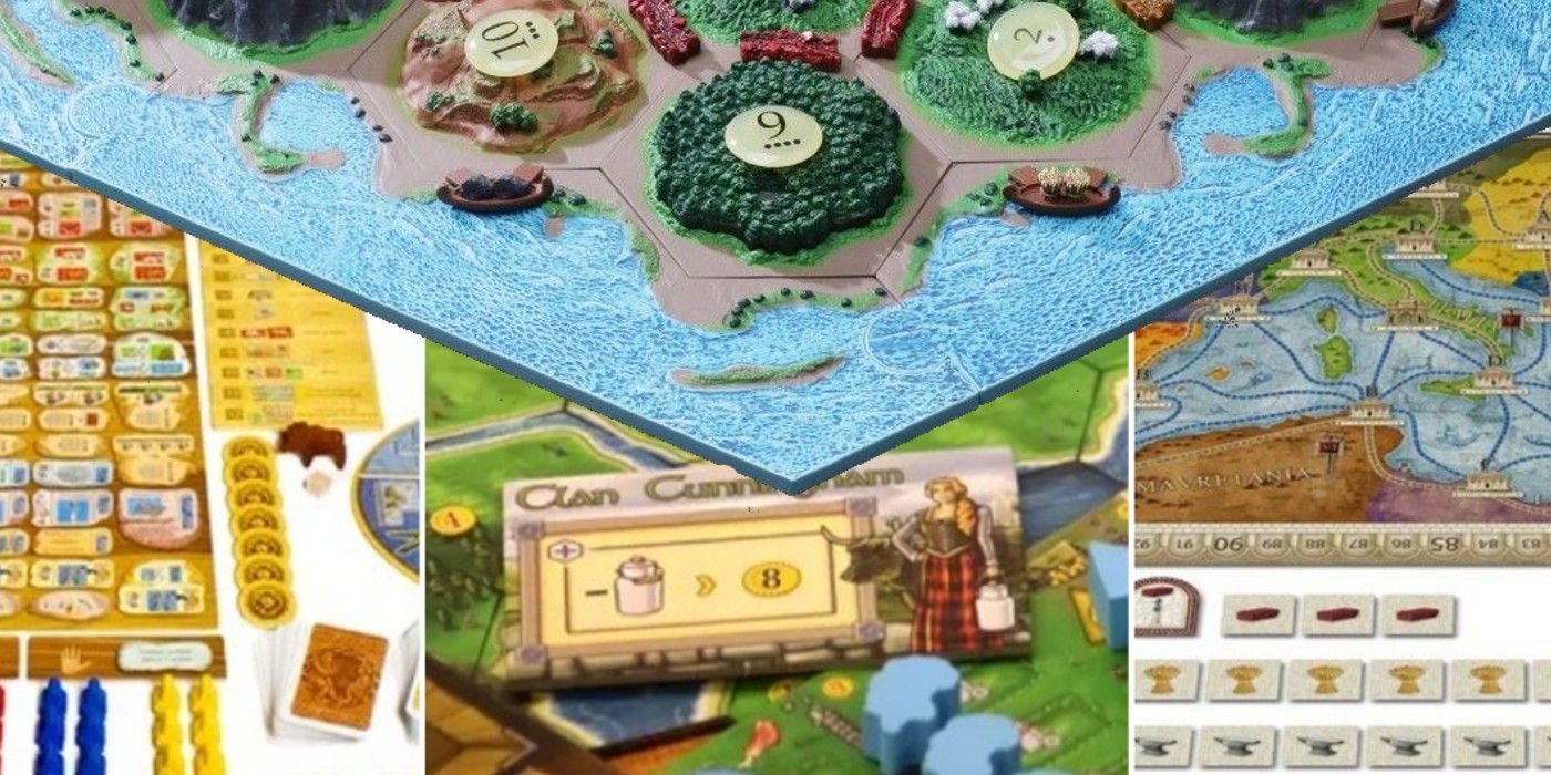 A 3D Catan board overlaid over A Feast for Odin, Clans of Caledonia, and Concordia