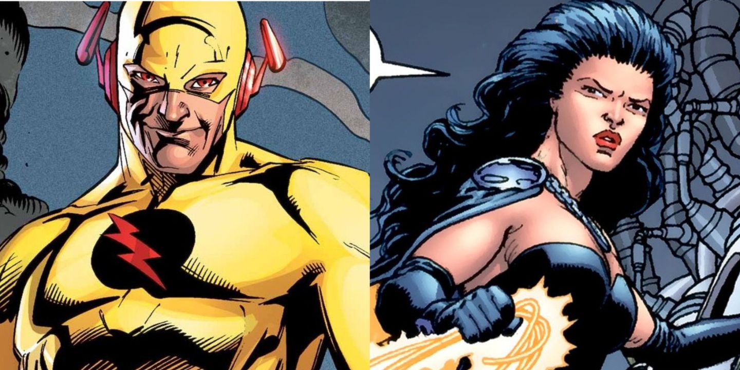 A split image of DC Comics' Reverse-Flash and Superwoman