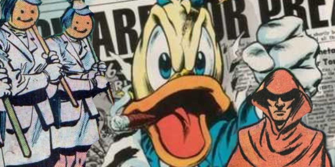 Orange-mask cult members and a hooded cult member and Howard the Duck bursting through a newspaper front page in a collage