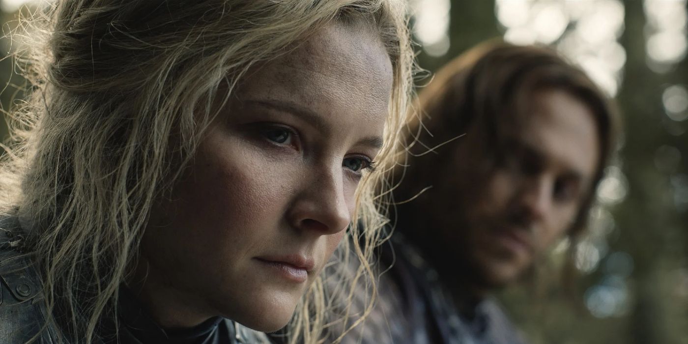  A close up shows Halbrand (Charlie Vickers) and Galadriel (Morfydd Clark) in The Rings of Power