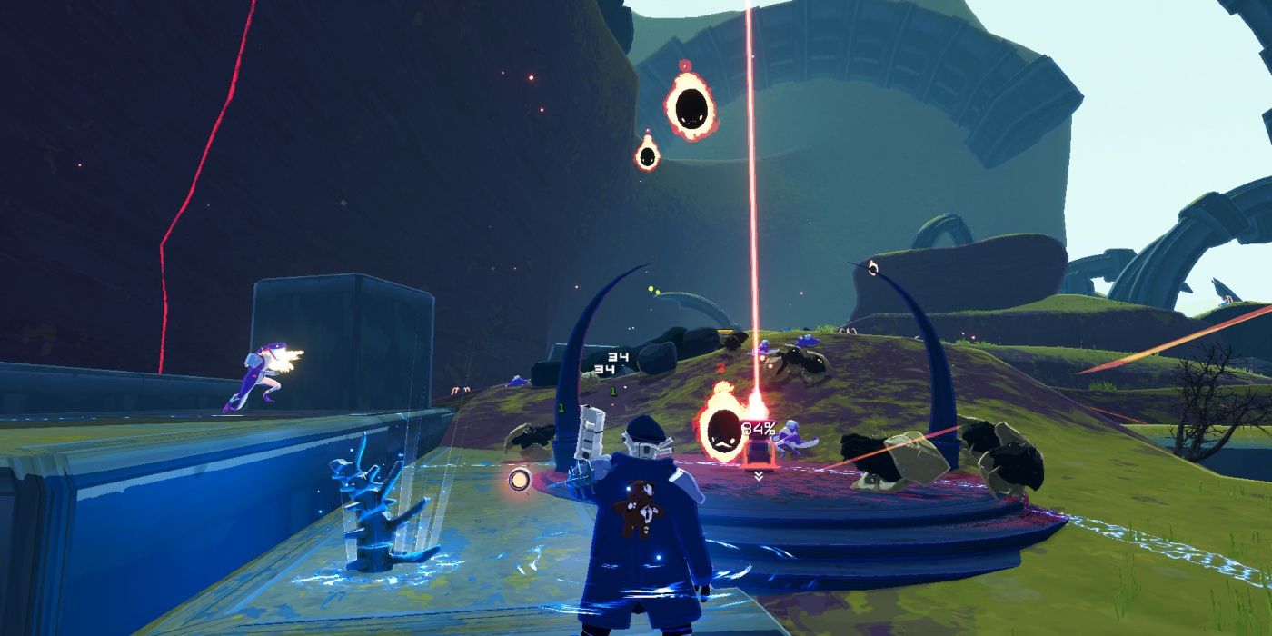 A player fighting enemies in the Risk of Rain 2 game