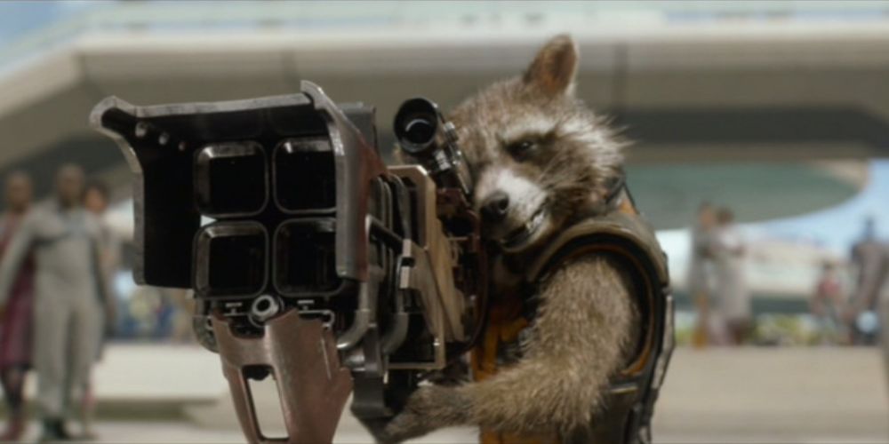 Rocket prepares to shoot Quill in Guardians of the Galaxy