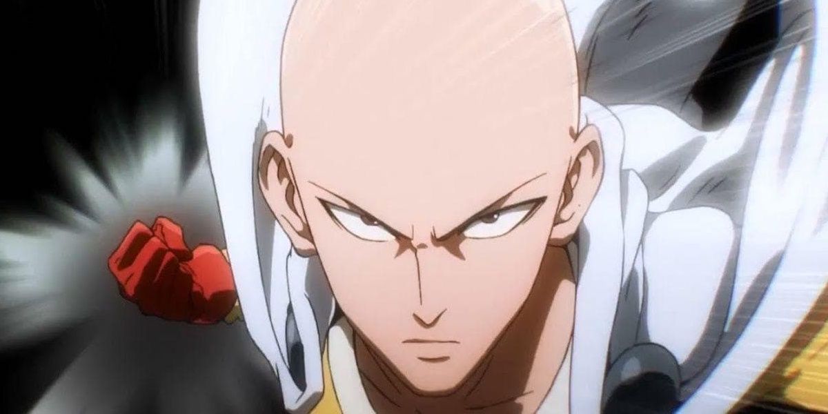 Saitama delivering a serious punch in One-Punch Man.