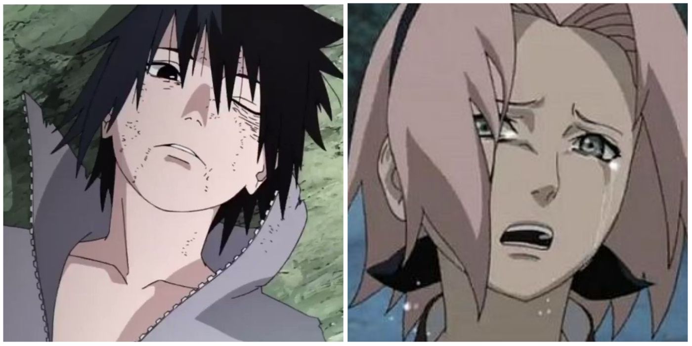 A split image of Sakura and Sasuke from Naruto.