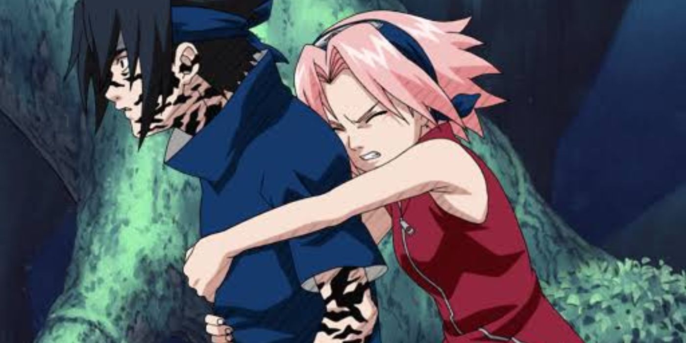 Sakura hugs Sasuke as he uses Curse Mark to fight Sound Village shinobi during Naruto's Chunin Exams