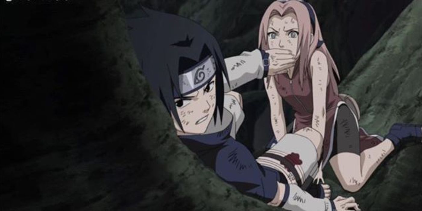 Sasuke and Sakura during the Chunin Exams in Naruto.